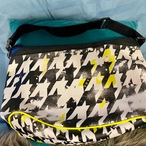 L.A.M.B. Gwen Stefani houndstooth, neon, yellow, black and white bag.